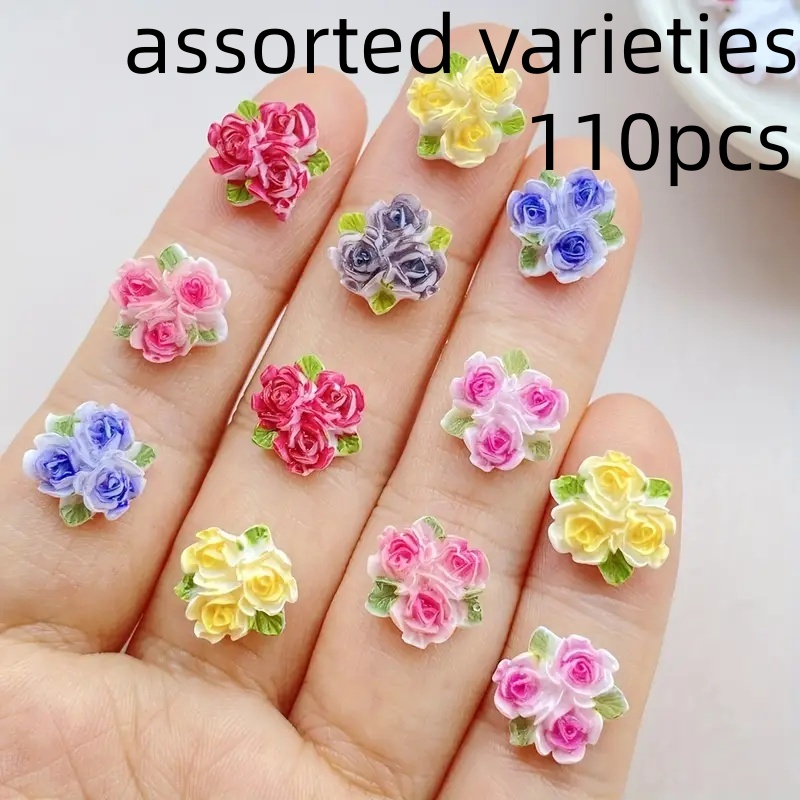 E-shop 110 Stück 60 Stück Gemischte Harz Mini Bunte Drei Blätter Rosen Flache Rückseite Blumen Statue - für Nagelkunst, Hochzeitsalben, Basteln und