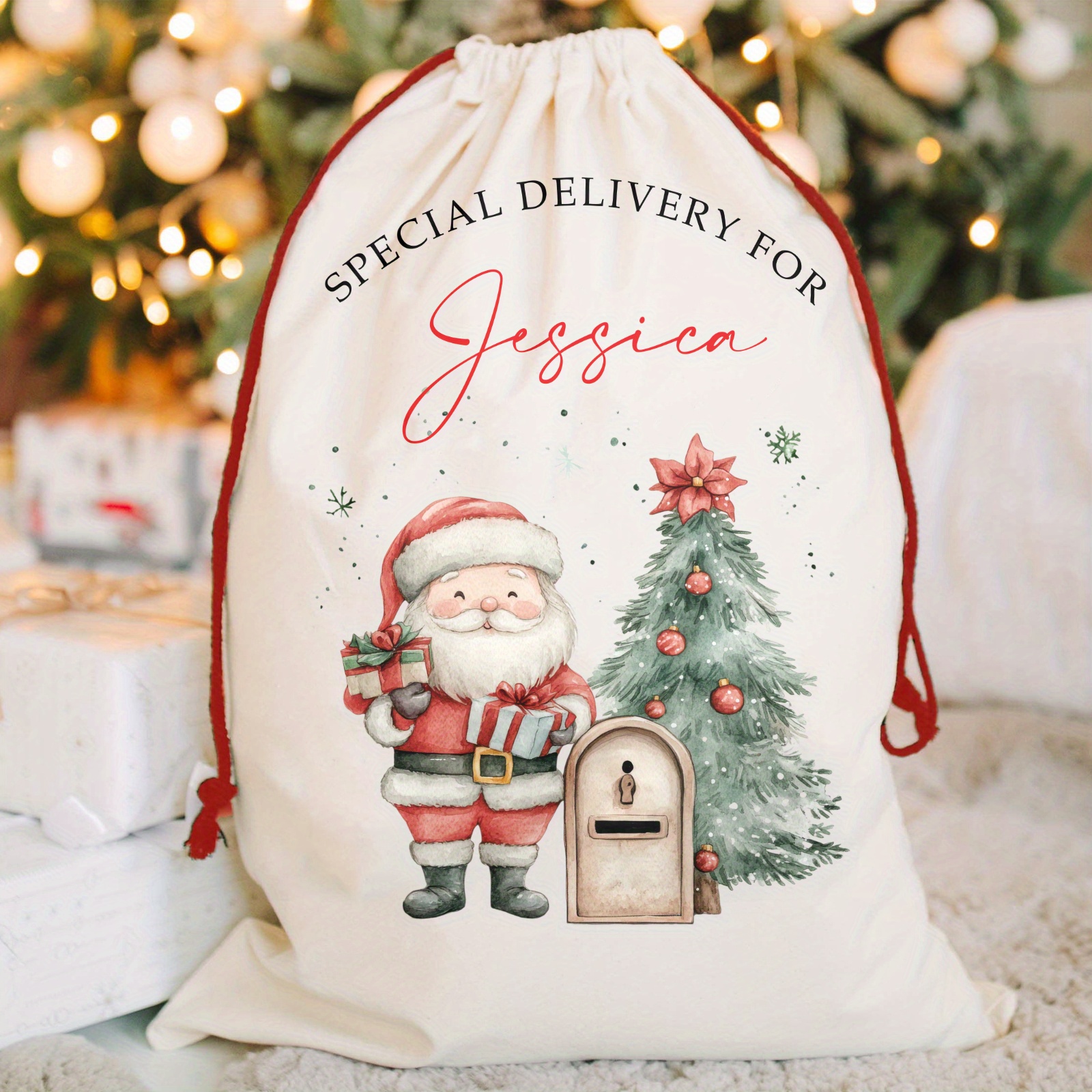 

1pc Personalized Polyester Santa Sack With Custom Name - Red Christmas Gift Bag With , Cute Santa Claus Print For