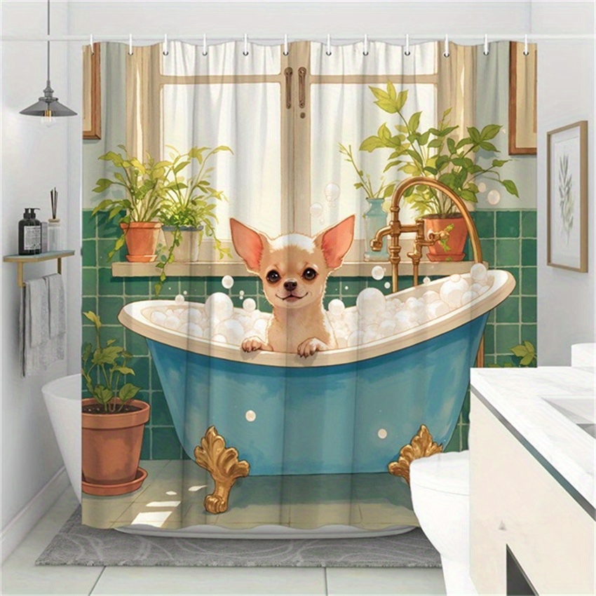 TEMU 1pc Chihuahua Bathtub Shower Curtain - Vintage Clawfoot Tub Decor With Chihuahuas, Bathtub Curtain Suitable For Bathroom Decor Includes 12 Hooks, Fabric 70.8x70.8 Inches