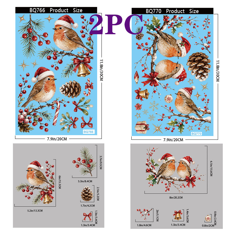 TEMU 2pcs Christmas Window Sticker Set - Cute Robin Wearing A Santa Hat Static Cling Stickers For Winter And Holiday Decorations