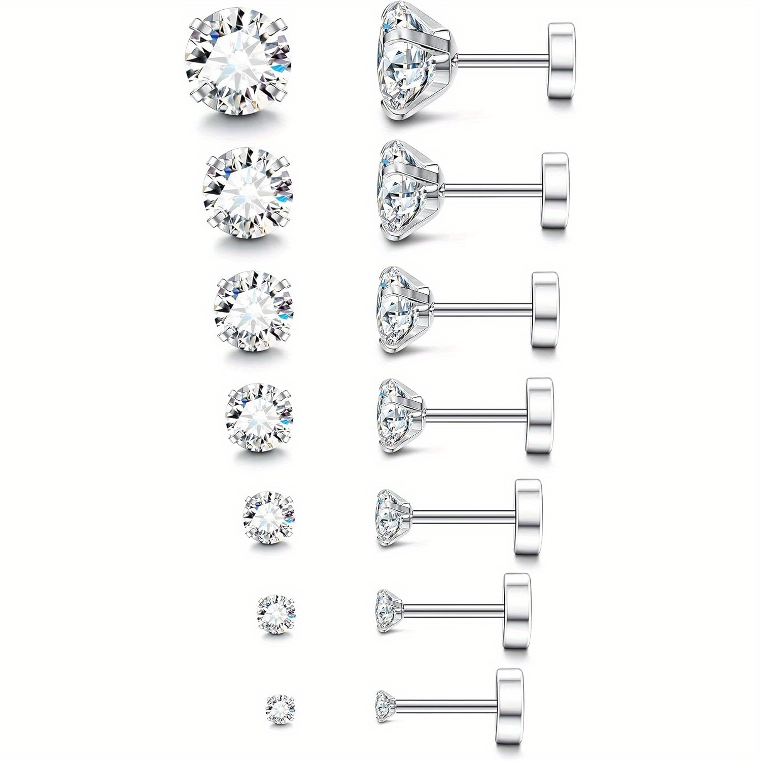 Image of 2d Flat, 20g Hypoallergenic Flat Back Earrings For Women Men Silvery Stainless Steel Stud Earrings Brithstone Cubic Synthetic Zirconia Studs Surgical Steel Cartilage Earrings For Sensitive Ears