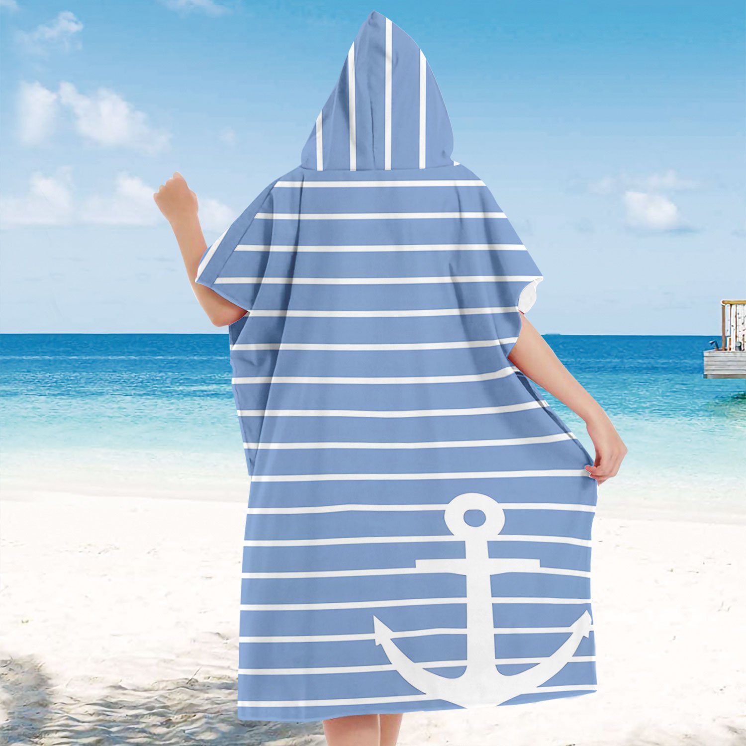TEMU Trendy & Practical Hooded Beach Towel - Large Wearable Microfiber Towel With Anchor Design, Quick-dry, Beach, Pool, And Travel, Beach Towel |