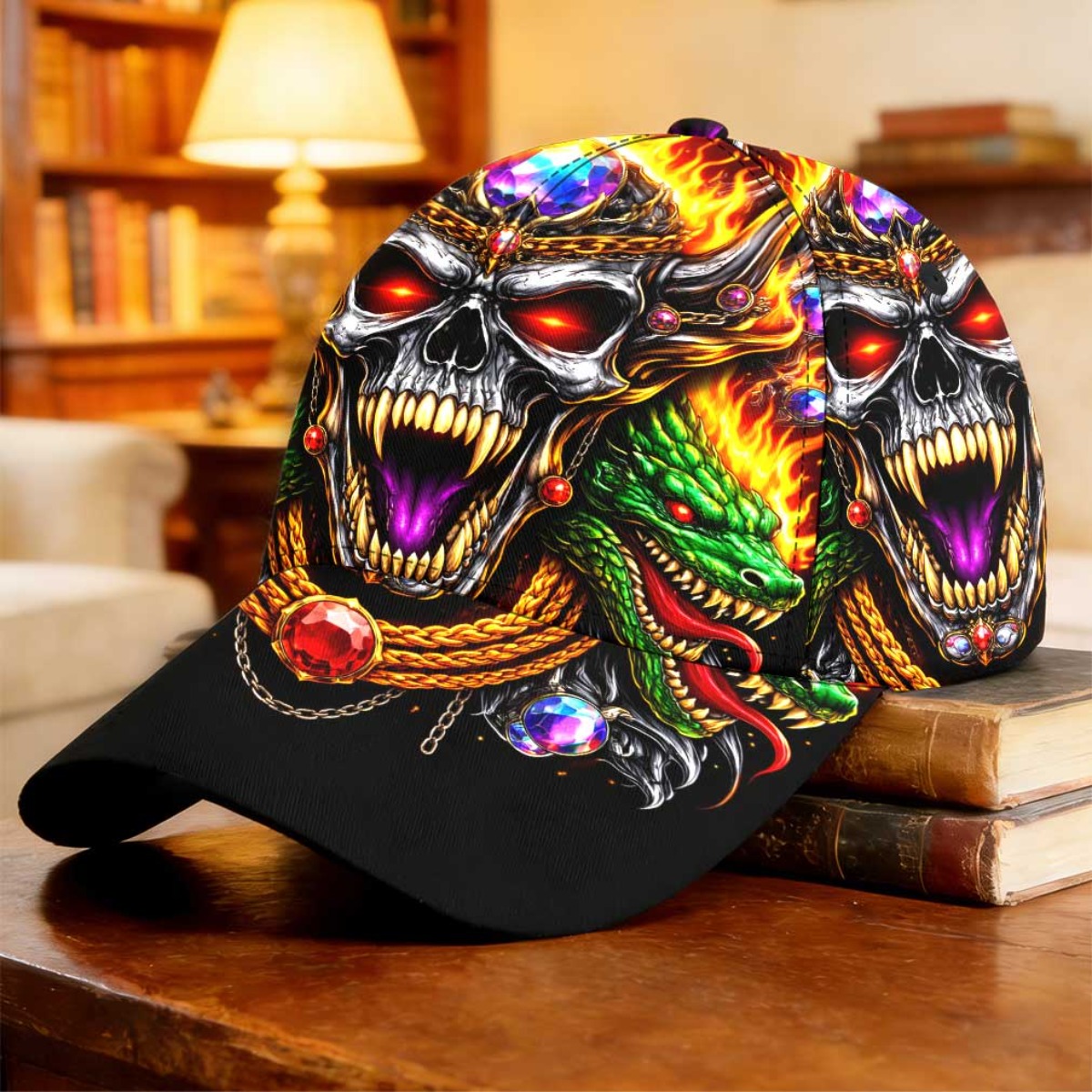 TEMU 1pc 2d Flat Flaming Skull Dragon Jewel Baseball Cap Driving Anniversary Gift Workout Curved Brim Cap Quick Dry Cab Driver Cap Breathable &