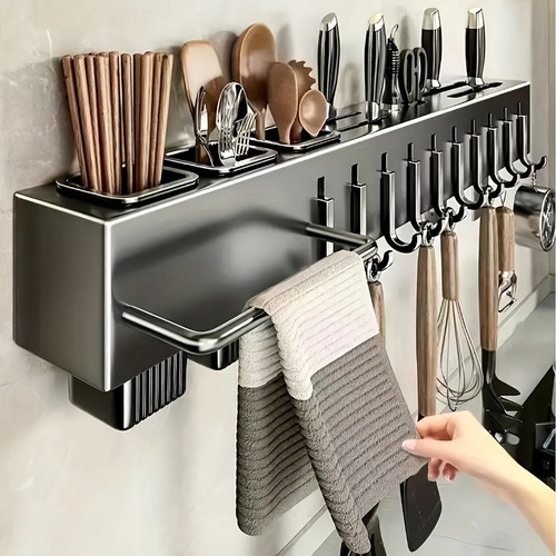 Multifunctional Wall Mounted Kitchen Organizer - Heavy Duty Carbon Steel Knife Holder with Magnetic Strip, Space-Saving, Holds Knives, Cutting Boards, Utensils for Home & Restaurant