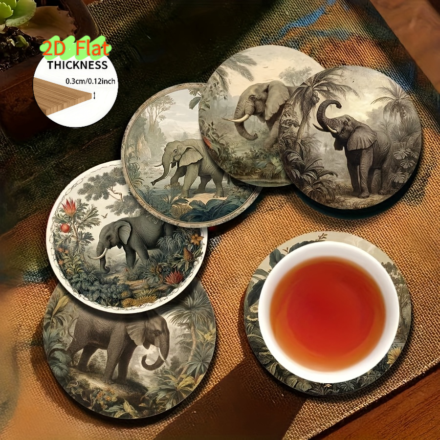TEMU 6pcs Wood Coasters Suitable For Home & Cafes - Elephant-themed Heat-resistant Non-slip Drink Pads, Table Protectors With Elephant Patterns, For