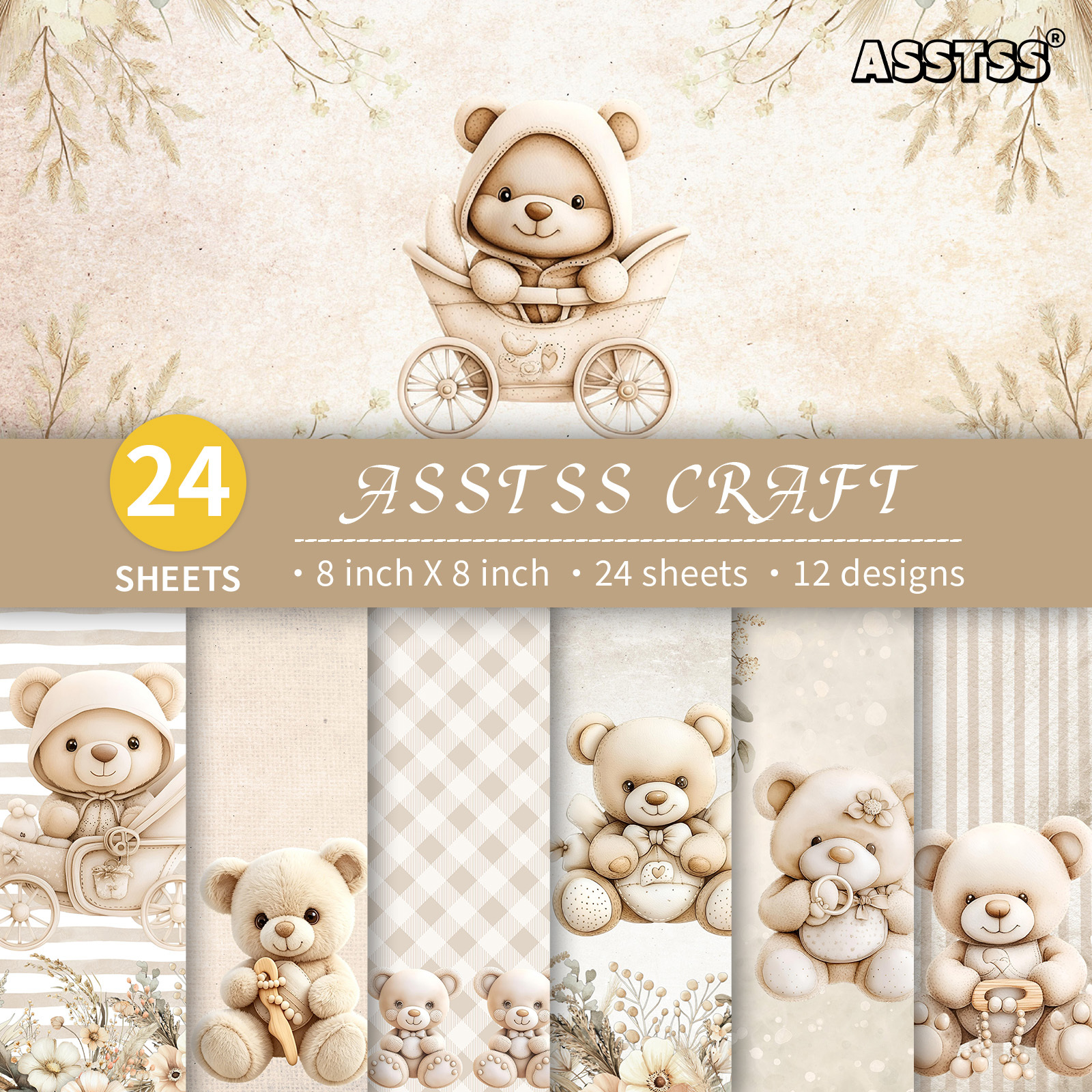 TEMU Bloc de papier épais pour scrapbooking ASSTSS de 24 feuilles, convient aux loisirs créatifs de baby shower, thème avec feuilles de support