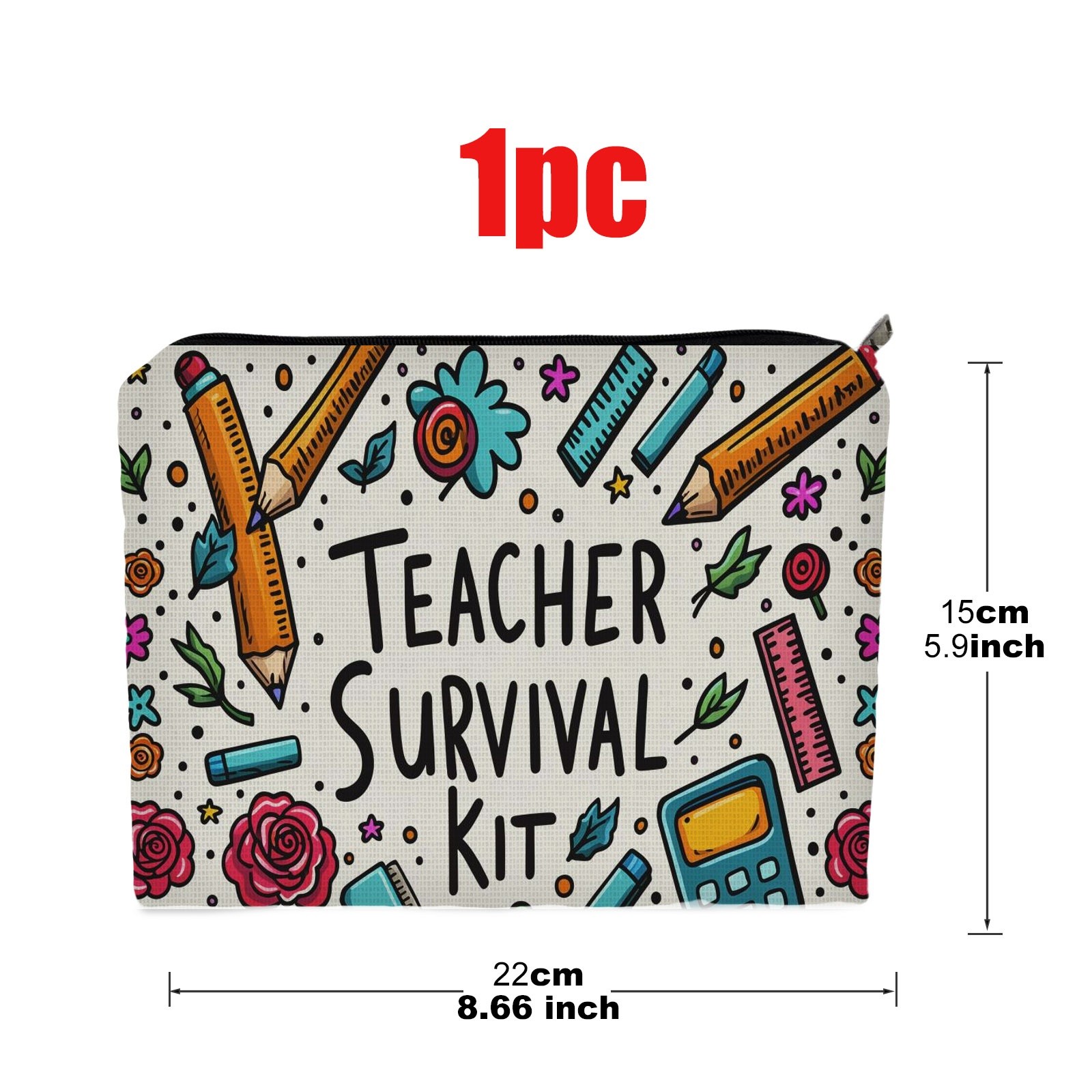 TEMU Vibrant Whimsical Doodle "teacher Survival Kit" Print Double-sided Polyester Cosmetic Bag, 5.9in X 8.66in Portable Makeup Pouch, Perfect For