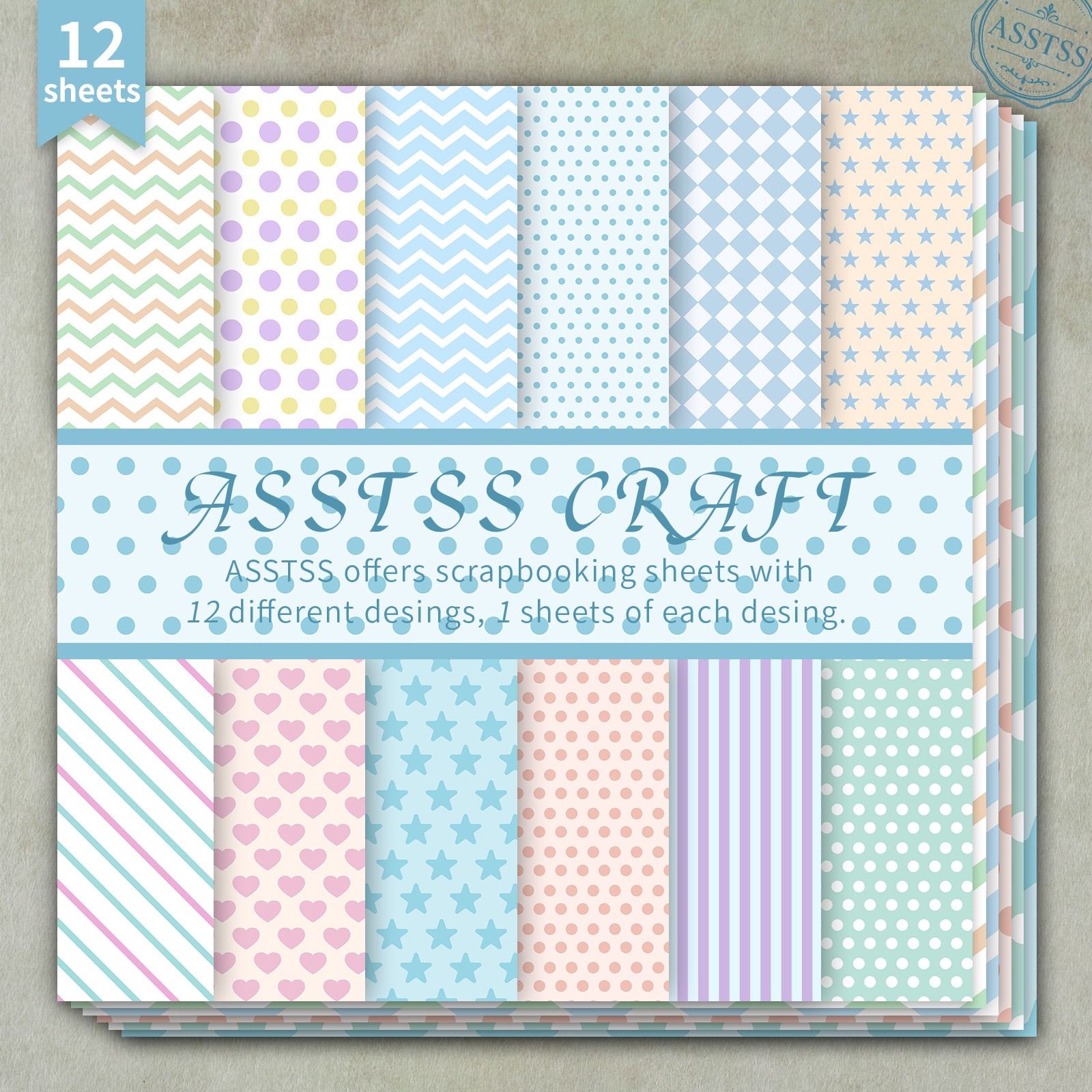 TEMU 12-sheet Asstss Pastel Scrapbooking Paper Pad Suitable For Journaling, Heavyweight Cardstock With Macaron, Heart, Star, Chevron, Plaid, Dot &