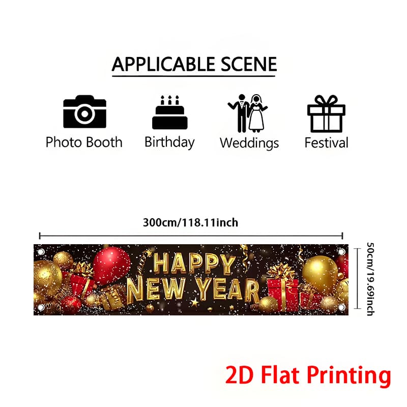 TEMU 2d Flat, 1pc Glittering Golden Happy New Year Banner With Balloons & Confetti-like Print - Large Shiny Numbers & Happy New Year Text - Backdrop