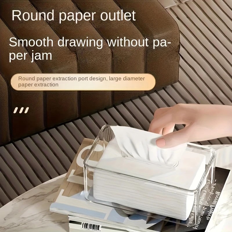 a modern transparent acrylic tissue box cover with a  , featuring a smooth tissue outlet, suitable for decorating bath  and living  . Product details 3