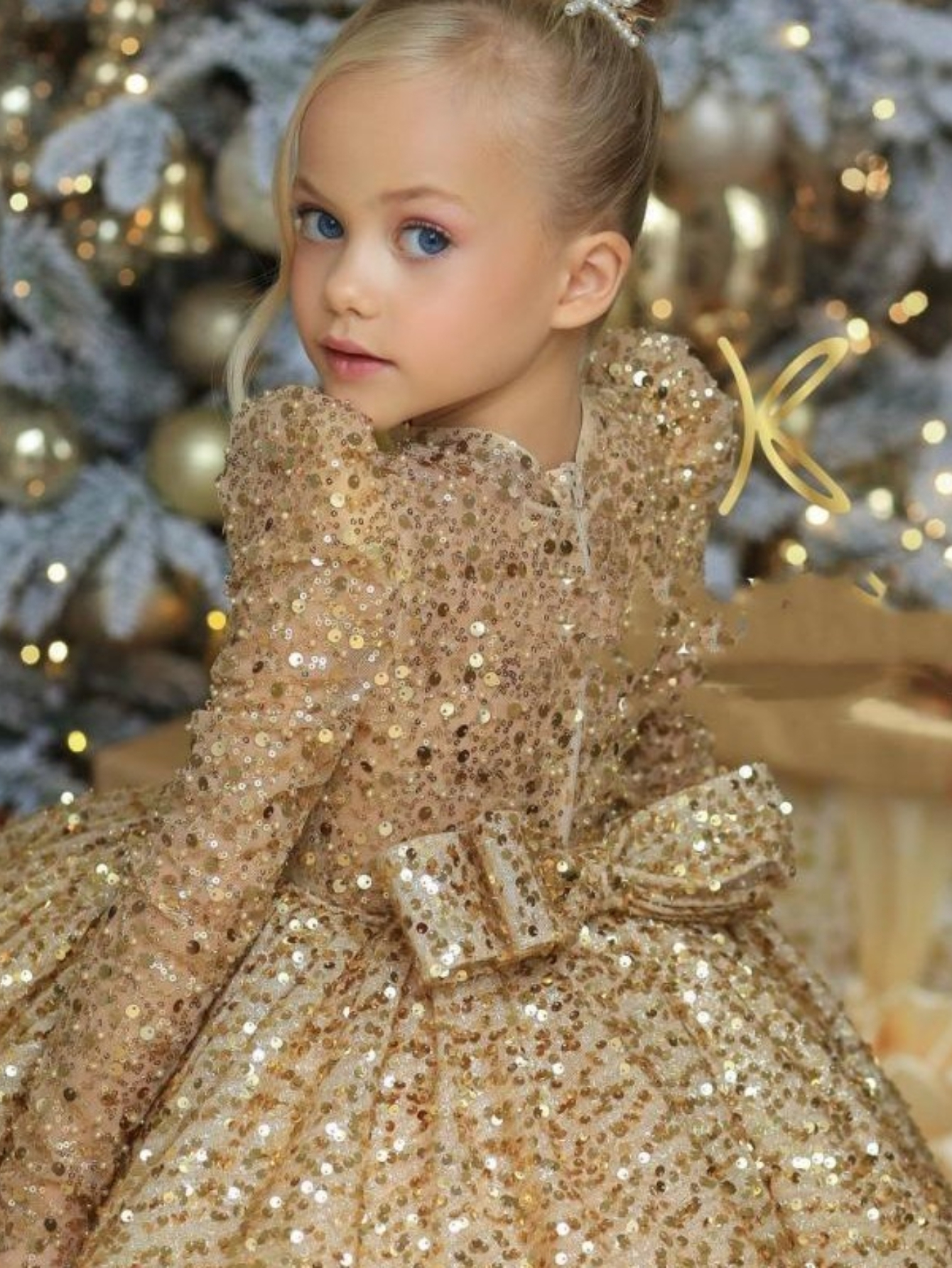 strapless open back dress Girl Party Dress with Lace Applique and Fluffy Sleeves by Tiptop Kids main image 0