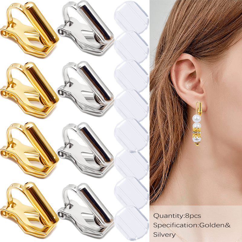8pcs Golden/ Silvery/ Mixed -on Earring , Non Pierced Earring Clips With Post Earring Components And Earring Pads For Diy Earring Making