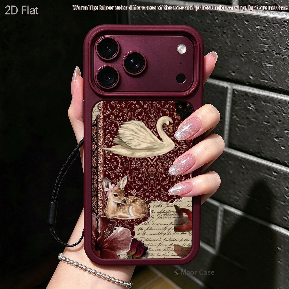 phone case 2d flat phone case and lanyard   red phone case vintage collage swan cat   floral pattern pc material skin sensitive border two in one transparent back panel for iphone 18pro 17  16 15 14 13 12 series