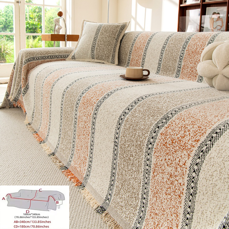 TEMU 1pc Retro Striped Tassel Sofa Cover, Sofa Bedding, Full Coverage Single Piece Sofa Blanket, Machine Washable, Pet-friendly, Suitable For