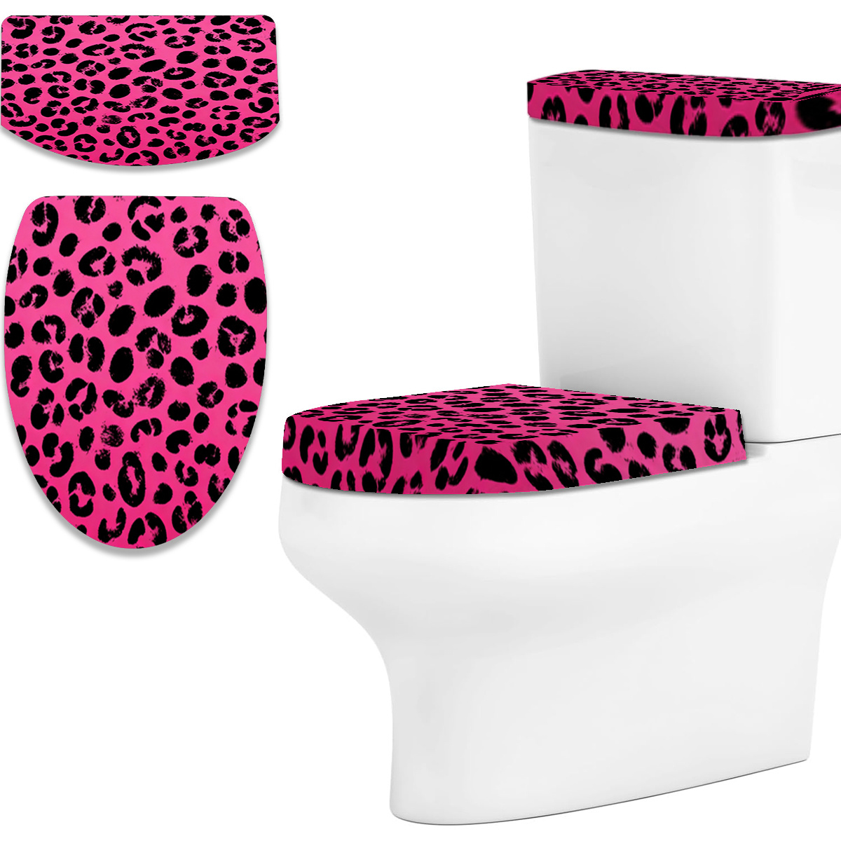 Toilettendeckel- Spülkastendeckel-Bezug-Set aus Stoff mit modischem Leopardenmuster auf rosa Hintergrund, 2D flach, ganzjährig universeller dekorativer Badezimmer-Toilettenbezug, Toilettensitzbezug,