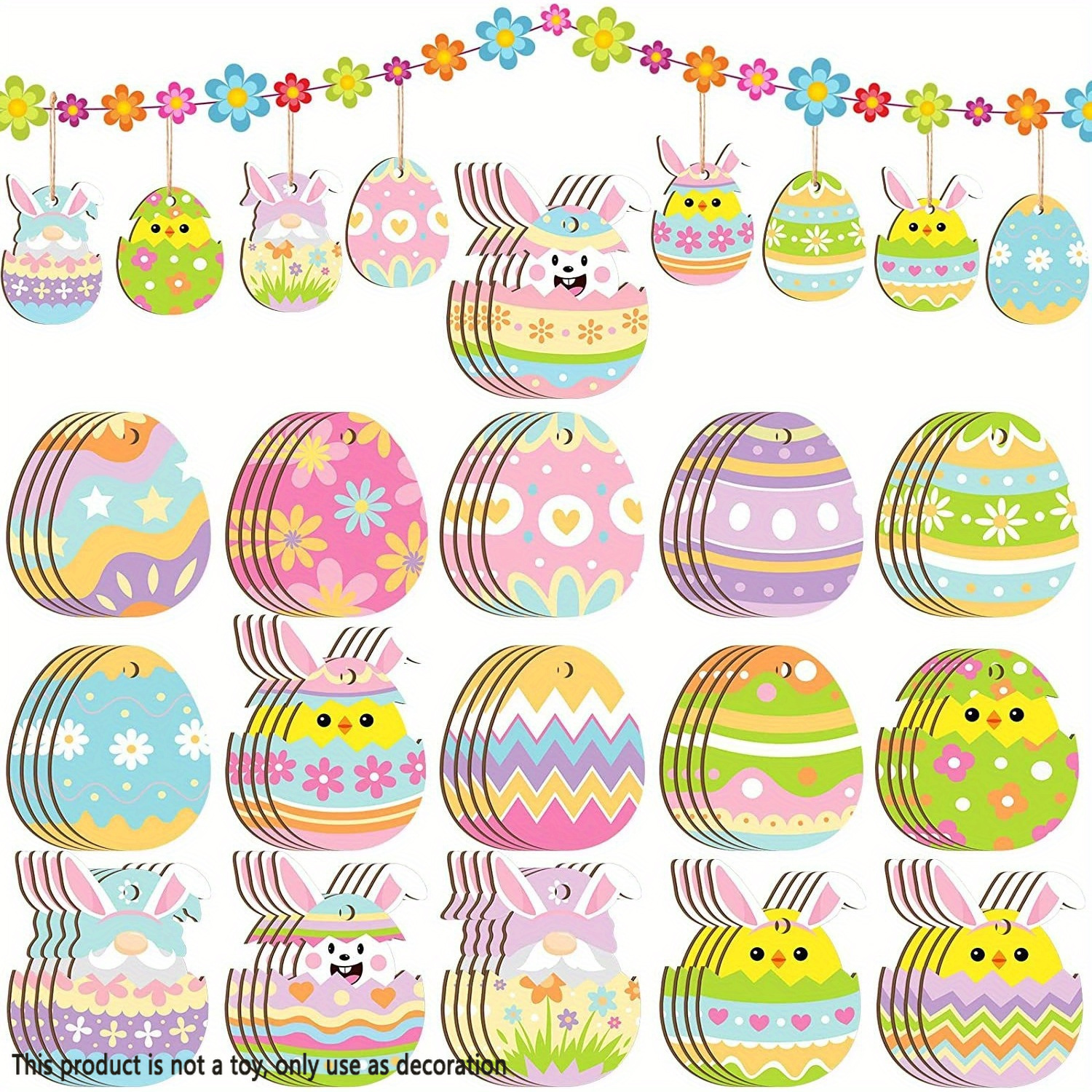 

15pcs Easter Bunny & Floral Egg Wooden Hanging Ornaments - Colorful Spring Decor With Rabbits, Chicks, Tulips & Lilies For Outdoor Festival Party (includes Rope)