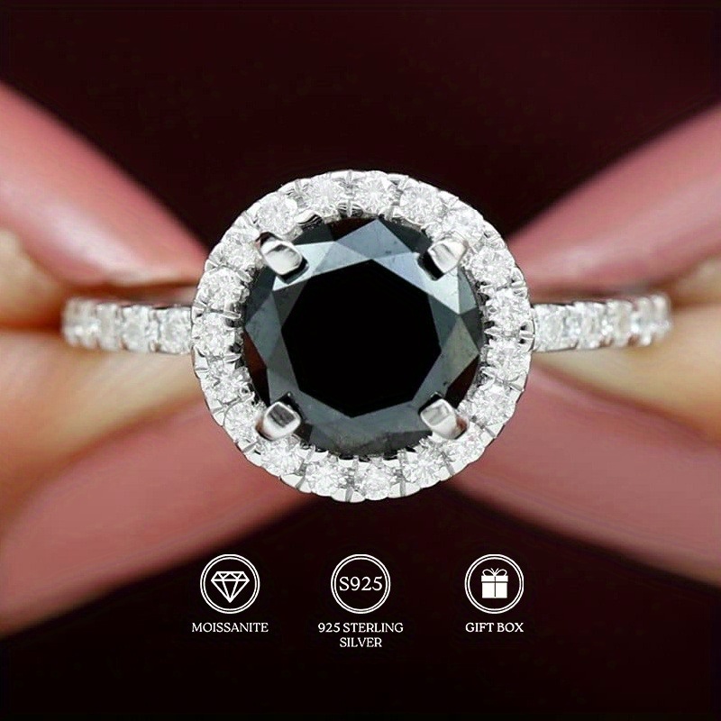 Charming Black Round Moissanite 925 Silver Ring, Elegant Gift