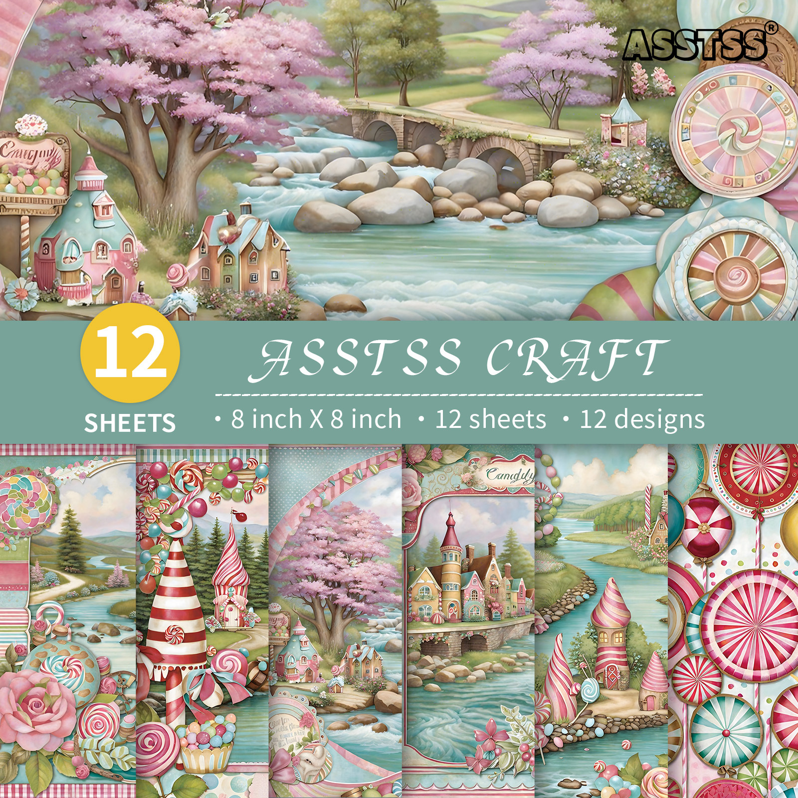 TEMU Bloc de papier scrapbooking ASSTSS de 12 feuilles 8*8 pouces | Papier de base sur le thème du pays des merveilles au chocolat, carton épais pour