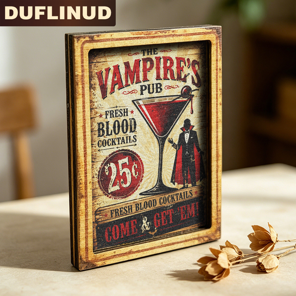 TEMU Retro Bar Theme Fridge Magnet, Mini Decorative Plaque With Classic Vampire Design And Pattern, Wooden Fridge Sticker, Refrigerator Door Decor,