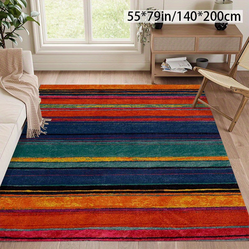 TEMU 1pc Of Large Area Rug In Red And Blue Moroccan Striped Vintage Minimalist Style, Featuring A Non-slip Point Plastic Bottom, Machine Washable And