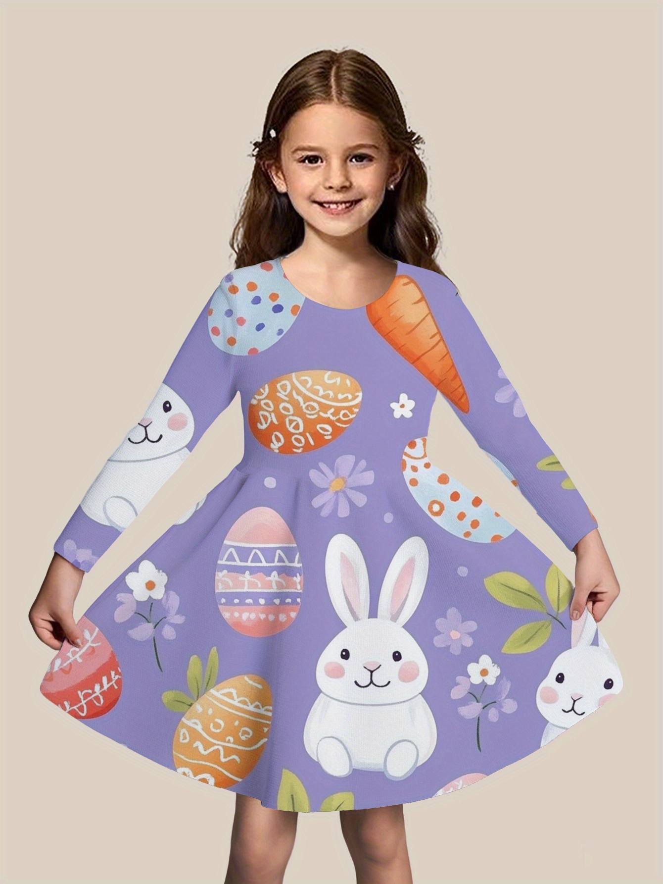 knee length dresses for ladies Easter Pink Bunny Embroidered Floral Long-Sleeved Girls' Dress 5