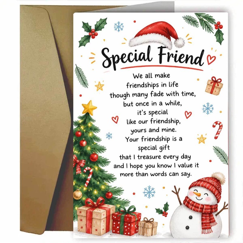 TEMU Warm And Exquisite Christmas Card, Featuring A Christmas Tree, Snowman, And Gift Box, Printed With "special Friend" And Friendship Poetry,