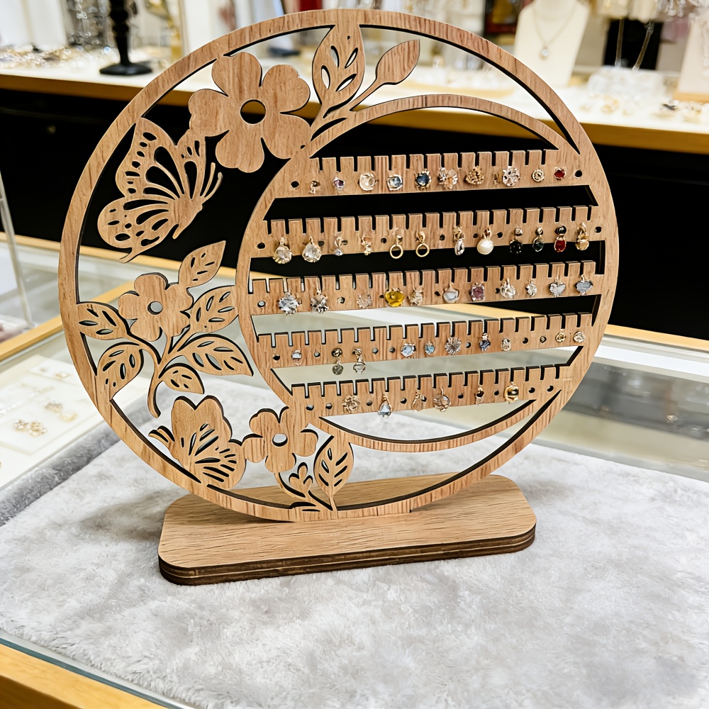 TEMU 1pc Large Capacity Wood Earring Stand & Jewelry Organizer Box - Round Suitable For Store Display, Dresser/vanity Desktop Tower With Natural