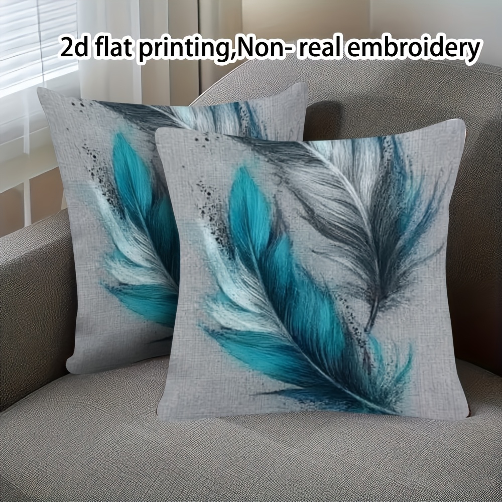 TEMU 2pcs 2d Flat Printing, Blue Gray Feather Theme Pillowcases, Easy , Multi-sizes Available, Suitable For Living Room, Bedroom, Study, And Office