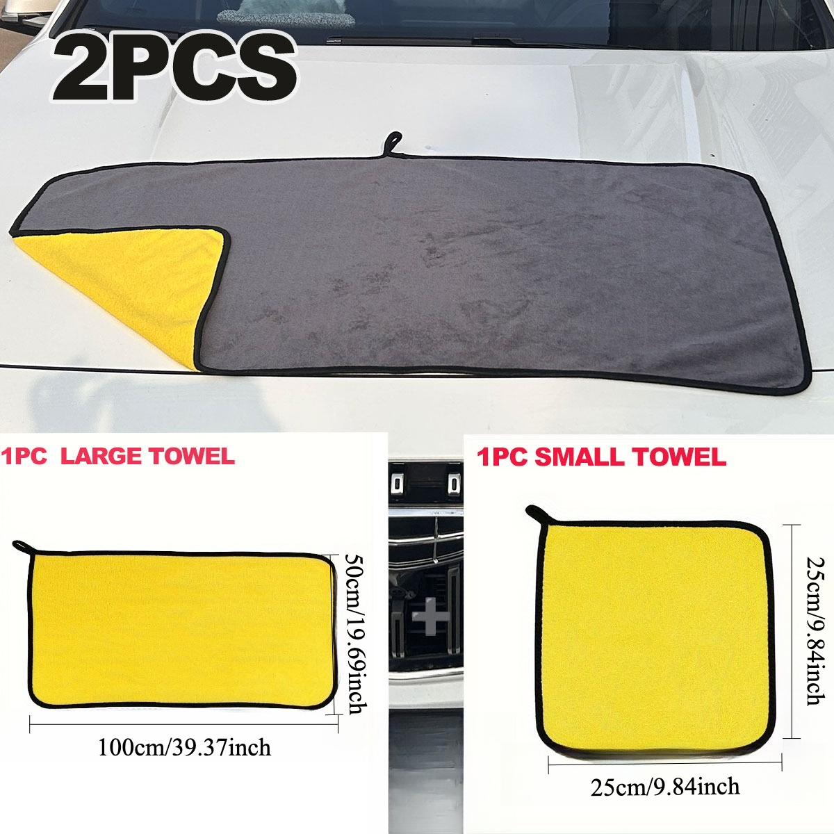TEMU 2pcs Set Of Gray And Yellow Car Cleaning Towels, Available In Extra Large, Medium, And Small Sizes. Thick And Quick-drying Car Wash Towels,