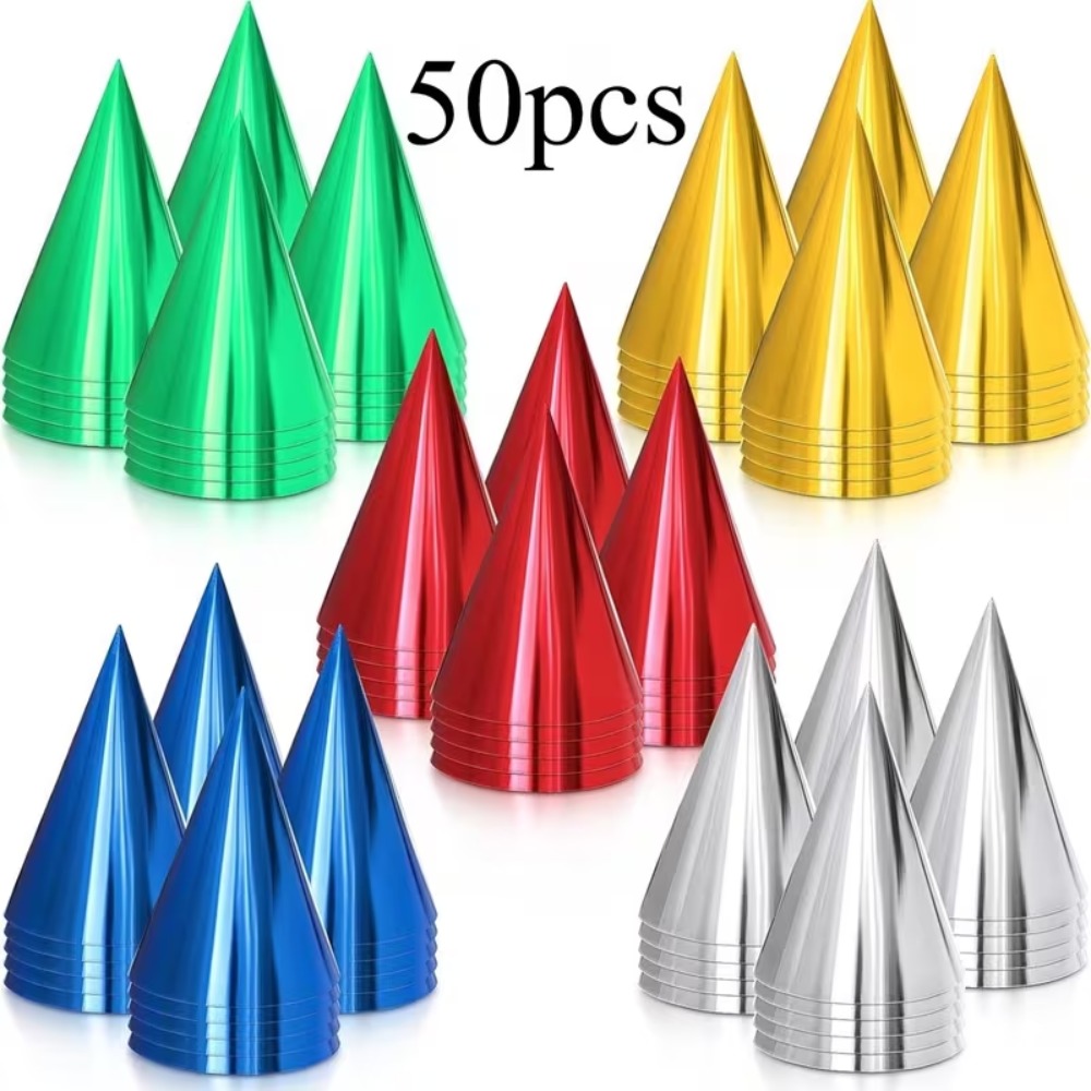 TEMU Cadeau pour Elle/Lui - Lot de 50, Assortiment de 5 Couleurs Aléatoires, Chapeaux de Fête Coniques Vifs pour Célébrations d'Anniversaire