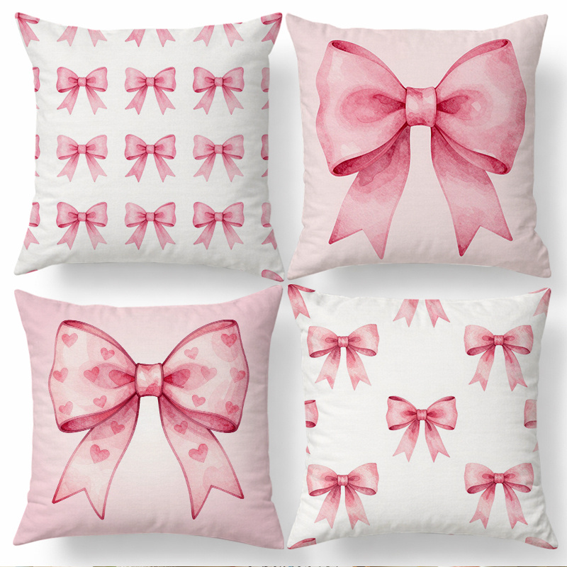 TEMU 4pcs Pastel - Style Home And Kitchen Supplies, Bedding, Home Decor With Pink Bow - Themed Pattern Printed Cushion Covers, Suitable For