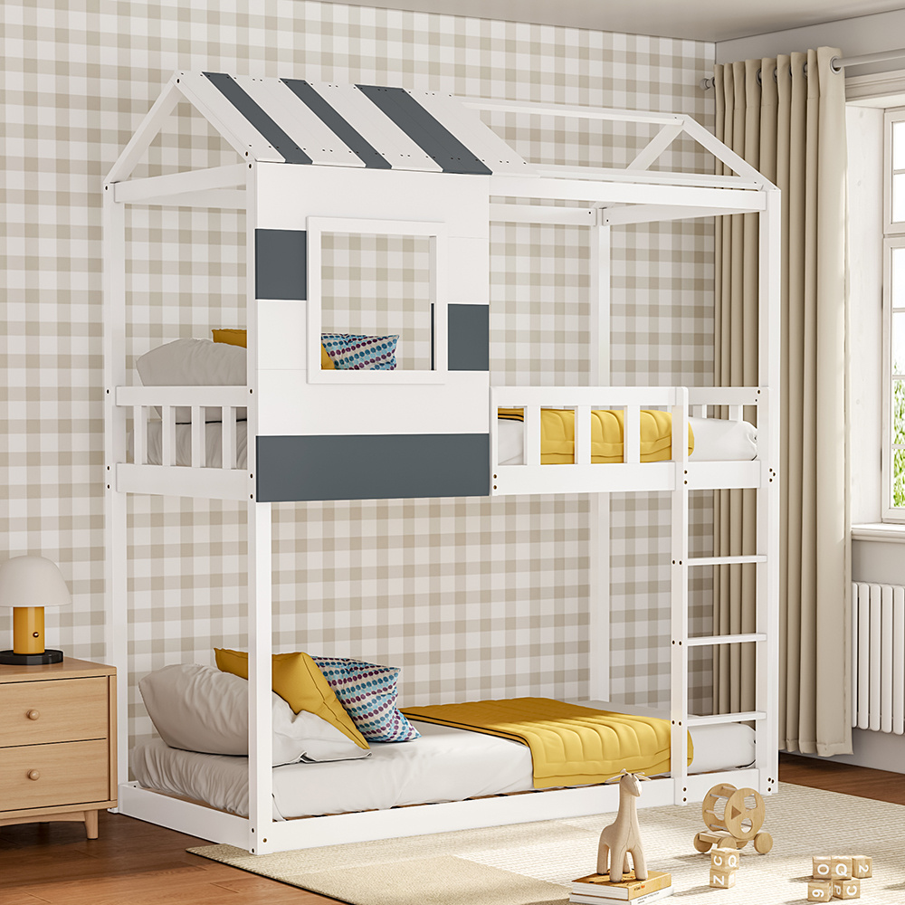1pc Contemporary Double Over-Double Bunk Bed with Ladder, No-Box-Spring Required, Hardwood and Artificial Board Construction, Teen Age Range, Easy Access Design, Wooden Materials, No Electricity Needed