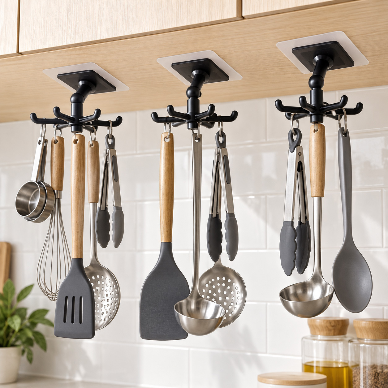 TEMU 1 Pack 360° Rotating Kitchen Hook Rack, No-drill Adhesive 6-hook Wall-mount Organizer For Spatulas, Ladles And Pot Lids, Hanging Storage Holder