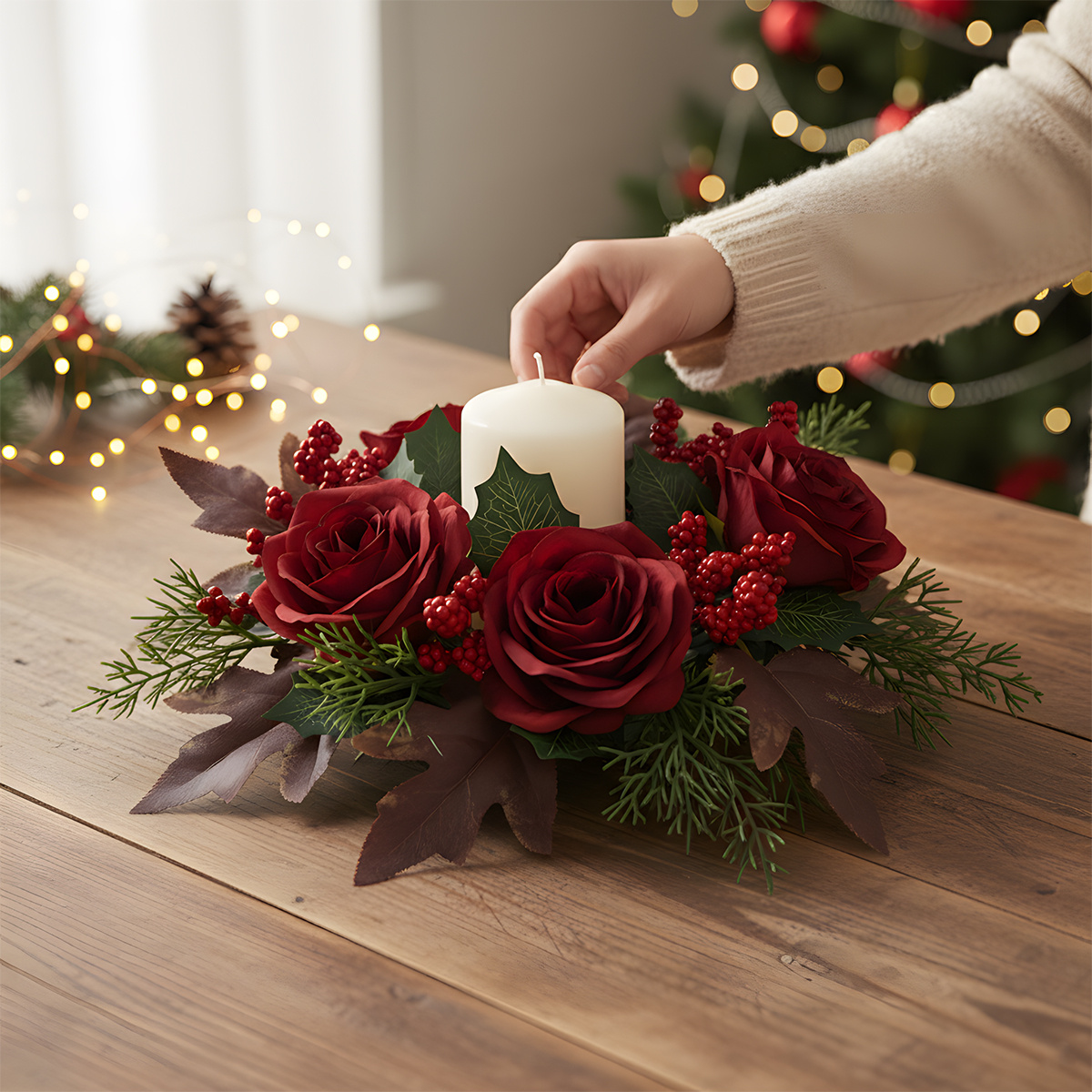 TEMU 2pcs Christmas Rose Artificial Flowers | Aromatherapy Candle Holder Wreath Ring, Fabric Material, Ideal For Home Dining Table Decoration, Non