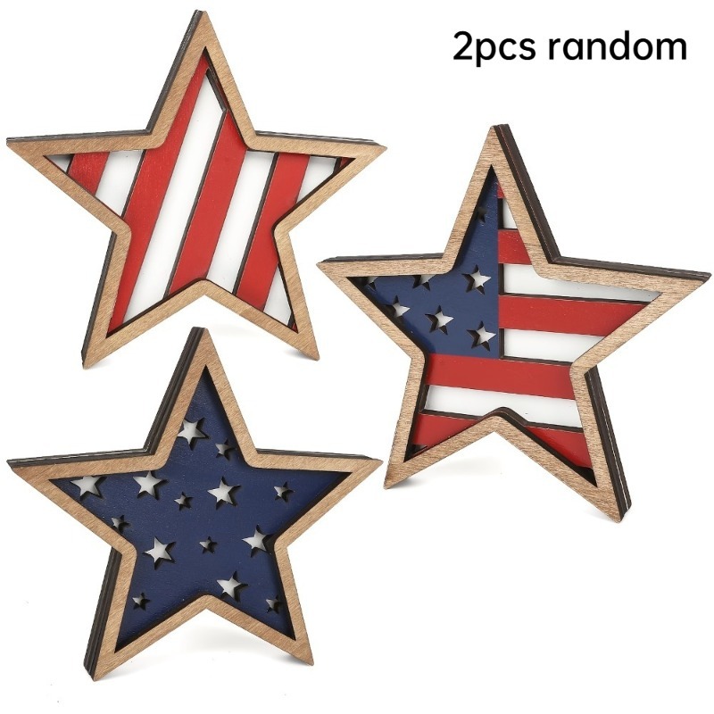 TEMU 2pcs Wooden Star Plaques For The , Ideal For Tiered Tray Decoration. Artificial Wood Displays Are Perfect For Celebrating Day, Enhancing For Home Decor, Parties, Table Centerpieces Random