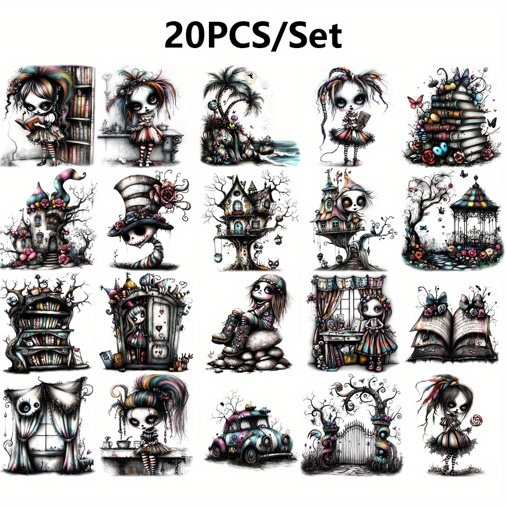 Image of 20pcs Handmade Stickers Haunted Girl Aesthetic Decoration Decals Crafts Scrapbooking Travel Luggage Laptop Notebook Guitar Skateboard Wall Suitcase Diary Book Wallpaper Decoration Gift For Girlfriend