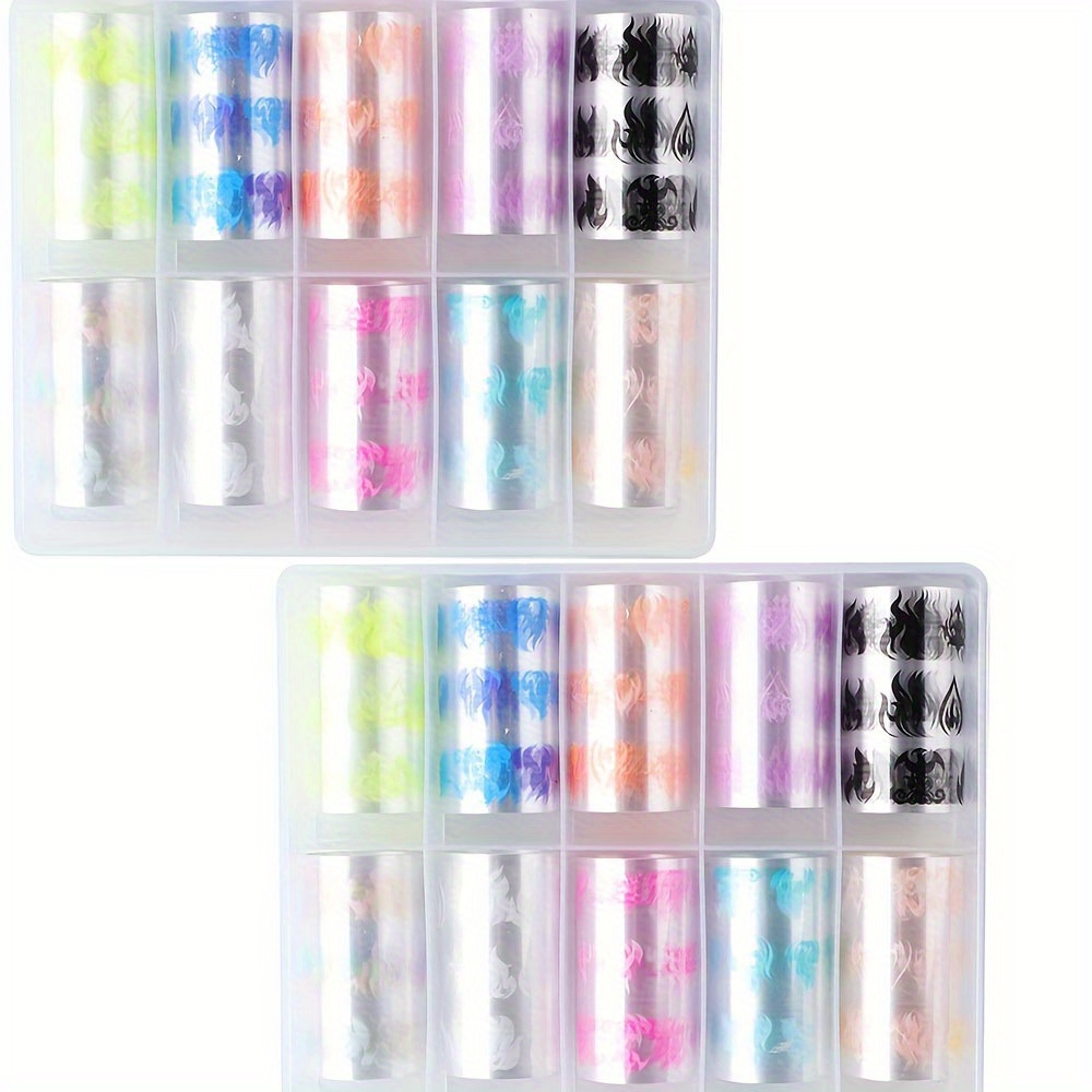 20 Roll Neon Luminous Nail Foils Set with Fluorescent Fire Flame and Starry Sky Designs for Manicure Wraps