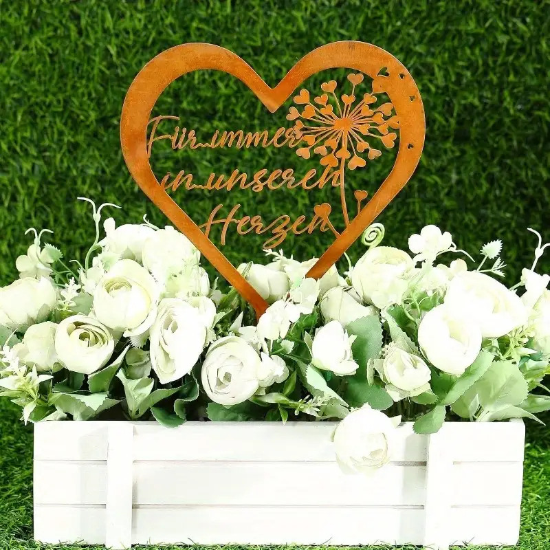 TEMU 2d Flat - 【2d Flat】 2d Flat - [2d Flat] 2d Flat Heart-shaped Memorial Tombstone - Modern Rustic Garden Cemetery Sign, With Dandelion Pattern And