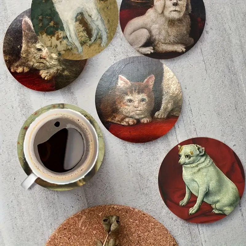 TEMU A Set Of 6 Exquisite Wooden Coasters Featuring Unattractive Medieval Cat And Dog Paintings, Showcasing Medieval Art. Coasters Are Perfect For