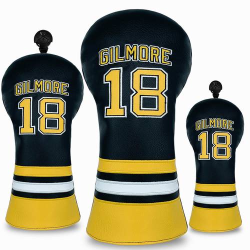 golf club head cover black elastic self sealing protector with golden accents and suitable for 3 5 woods durable and scratch resistant design