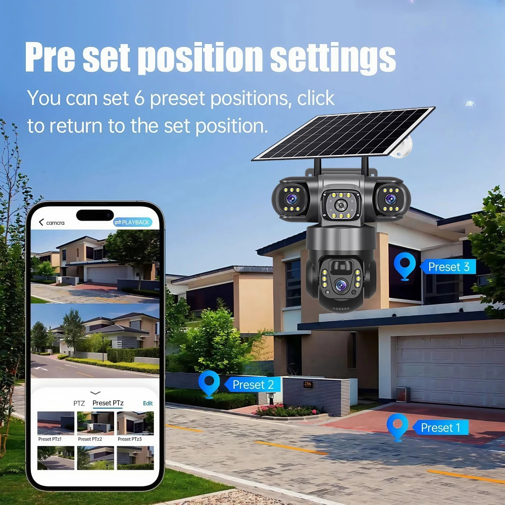 V380 Pro 3 Lens IP Solar Camera Outdoor Security CCTV Night Vision Two-Way Audio Camera Mobile Tracking 4G IP Camera