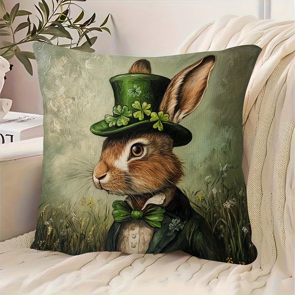 TEMU 1pc Vintage Style Rabbit Pillowcase, 17.8x17.8 Inches, Rabbit Design With Hat And Bow On Top, Soft And Smooth Short Plush Fabric, Single-sided