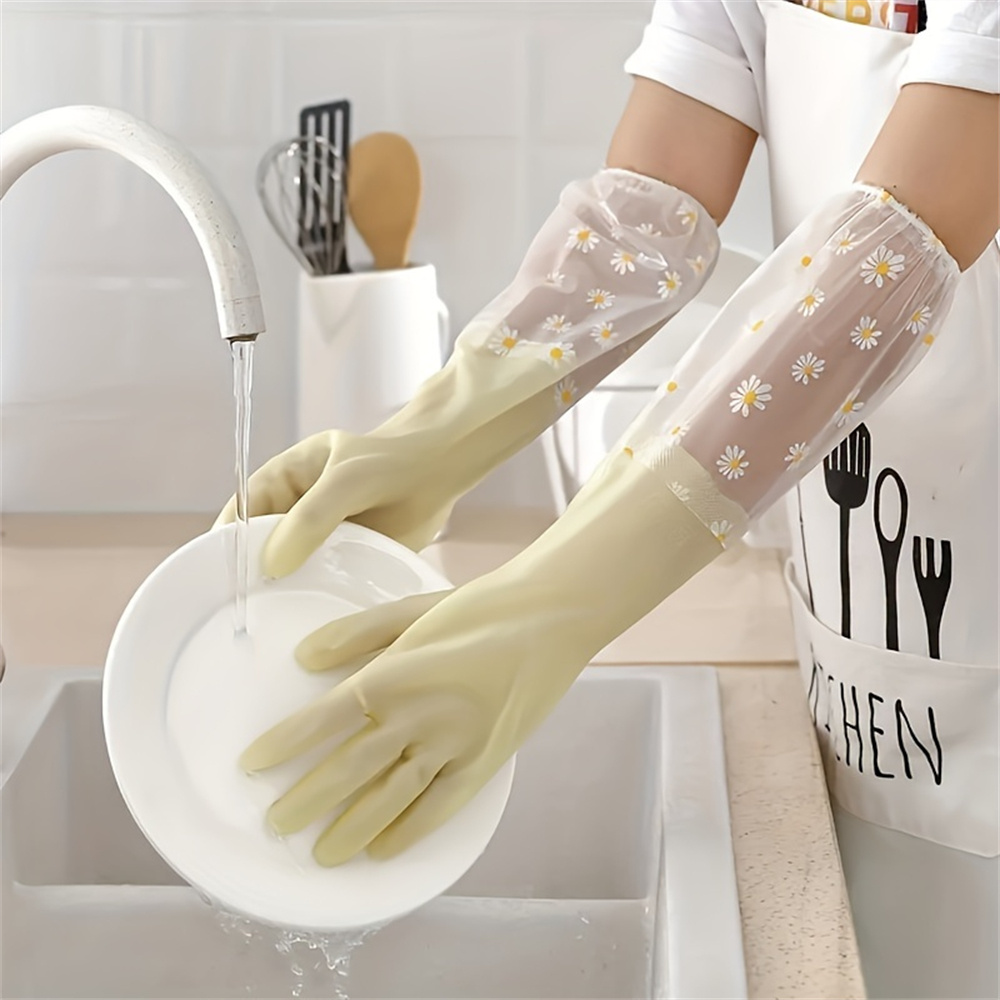 1pair of long sleeved daisy rubber gloves soft flexible and reusable suitable for dishwashing kitchen cleaning oven maintenance and pet care details 3