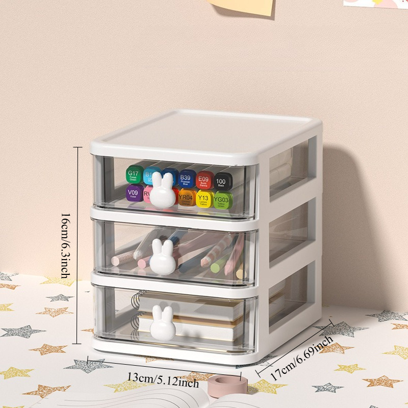 TEMU 3-tier / 4-tier White Frame Vertical Clear Drawer Vanity Storage Chest, Adorable Rabbit Shape Pull Tab Counter Caddy For Craft Ink Pen Hair