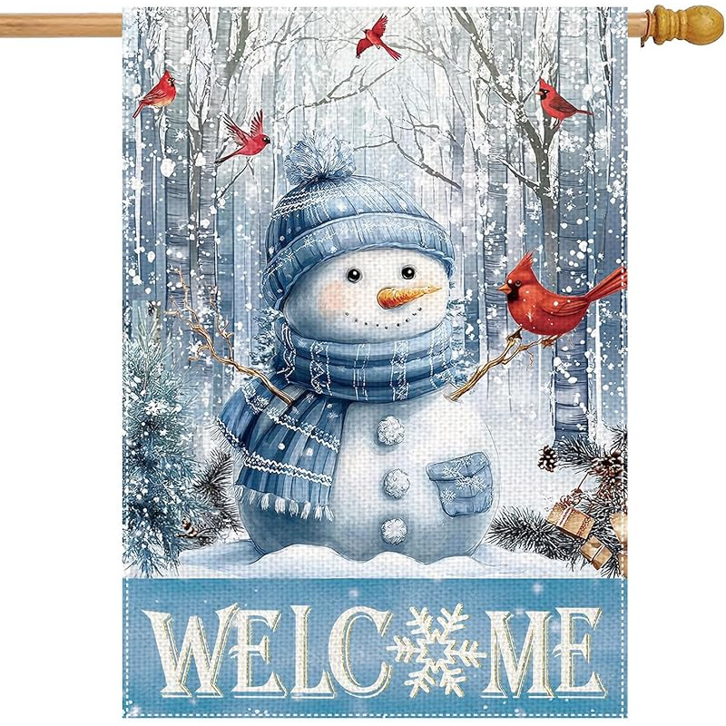 TEMU Large Double-sided Decorative Flags Featuring A Blue Winter Snowman, Perfect For Guests During The , With And Trees For A Rustic