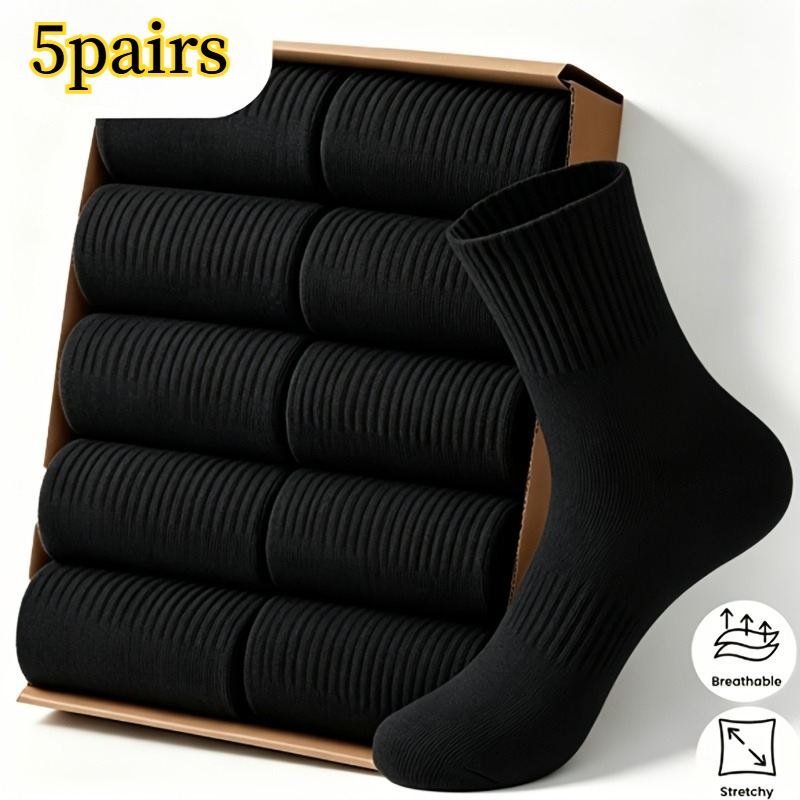 TEMU 5-pair Double-thickened Men's Mid-calf Sports Socks, Suitable For : Spring, Autumn, Winter, And Summer, Comfortable Casual Socks In Simple Black