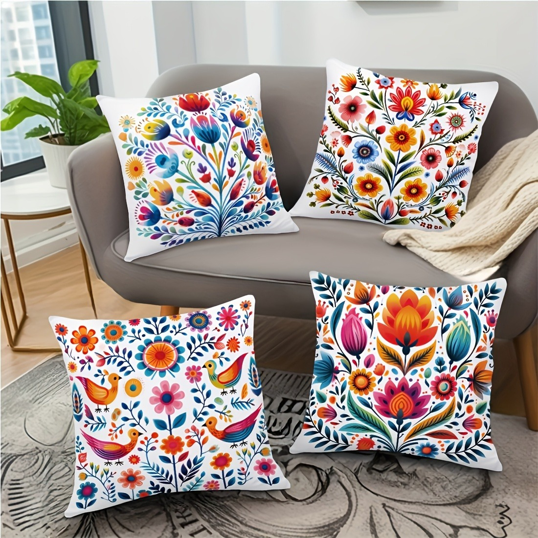 TEMU 4 unidades de fundas de cojines florales vibrantes, 18x18 pulgadas - Lavar a de poliéster, cierre con cremallera, diseños de y de y verano,