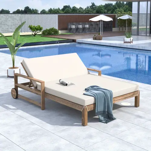 trexm 1pc farmhouse style wooden outdoor sunbed with memory foam cushion 2 person open beige weather resistant poolside daybed for garden backyard patio relaxation sun shade outdoor patio