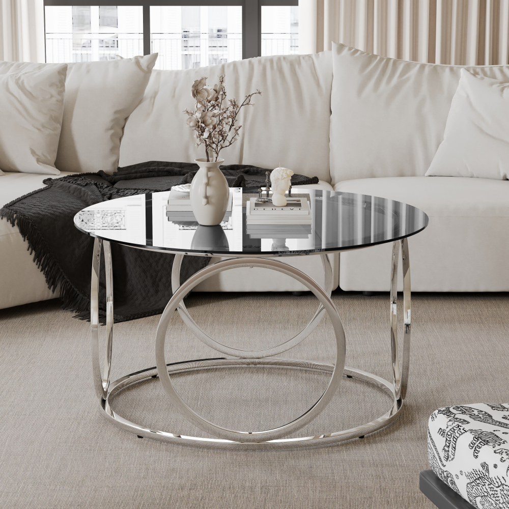 Image of Sofa Table/coffee Table, Round Glass Top With Chrome Metal Frame, Suitable For Living Rooms And Offices, Silver
