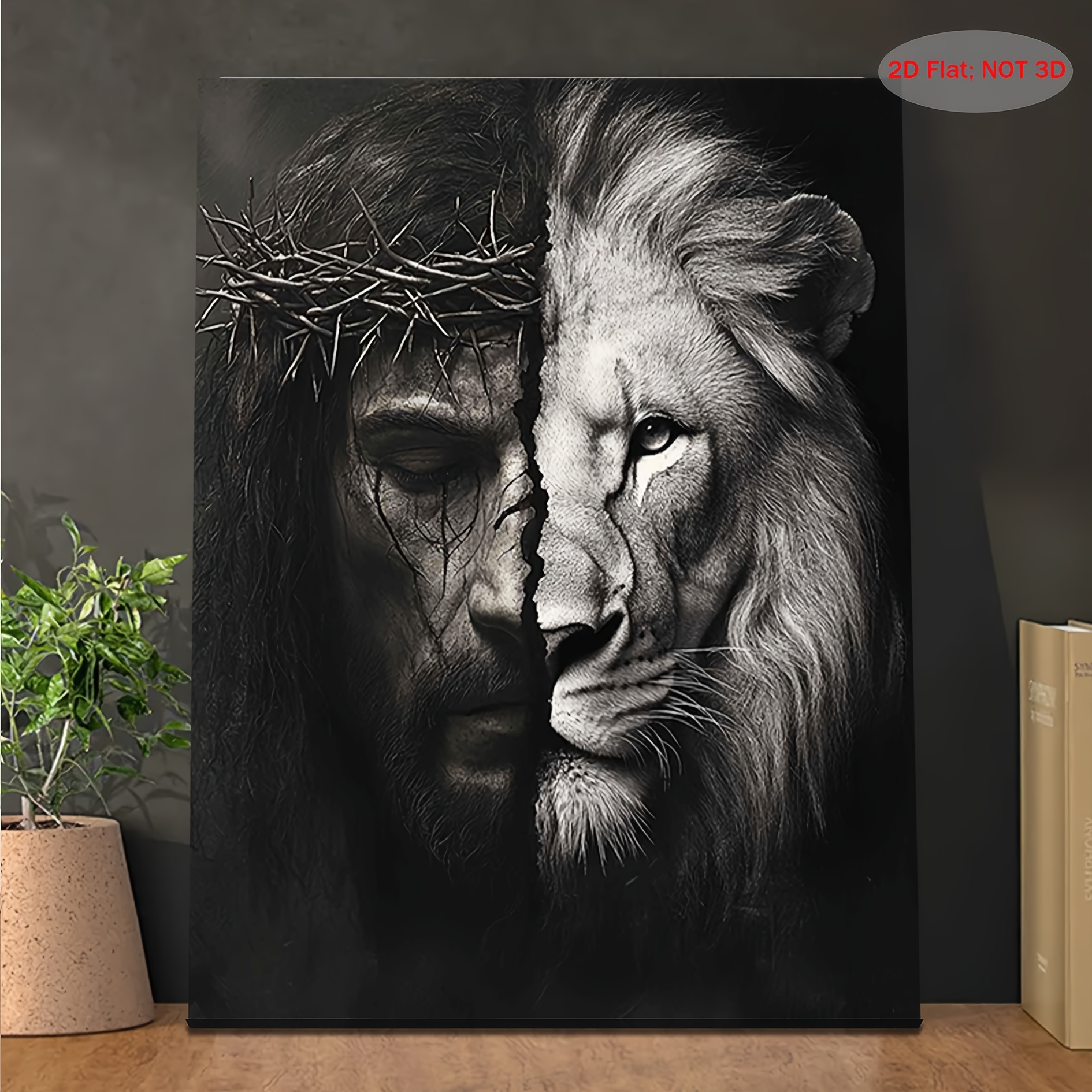 TEMU 2d Flat, 1pc Modern Lion Of Jesus Canvas Painting - Double-sided Suitable For Home Church Office Wall Decor, Black And White Religious Art With